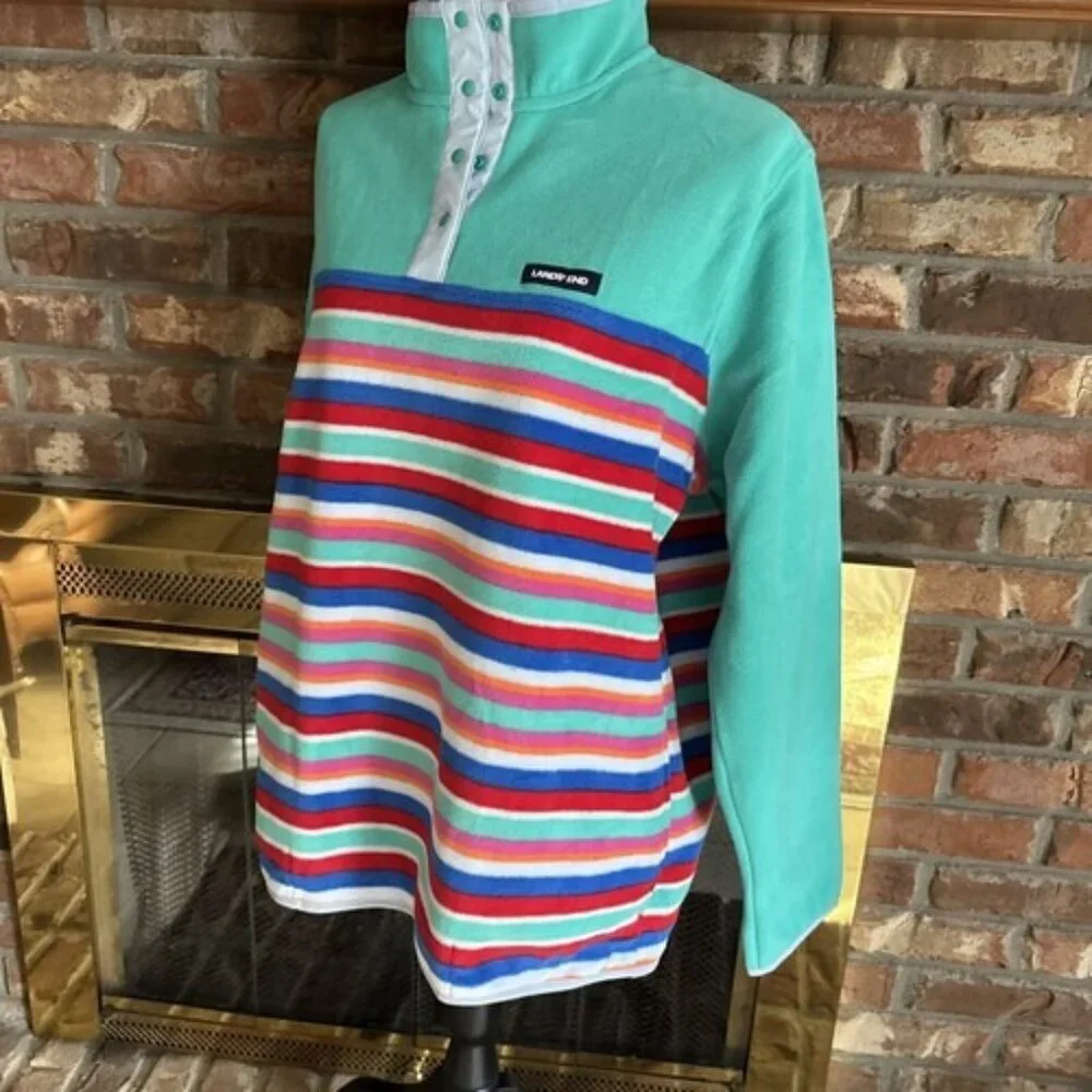 Lands End Pullover Snap Front Fleece Size XL Green Striped new item - Picture 2 of 6